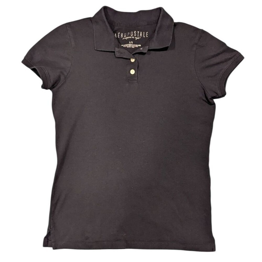 Aeropostale Polo Shirt Women's Large Black 3 Button Short Sleeve Cotton Spandex